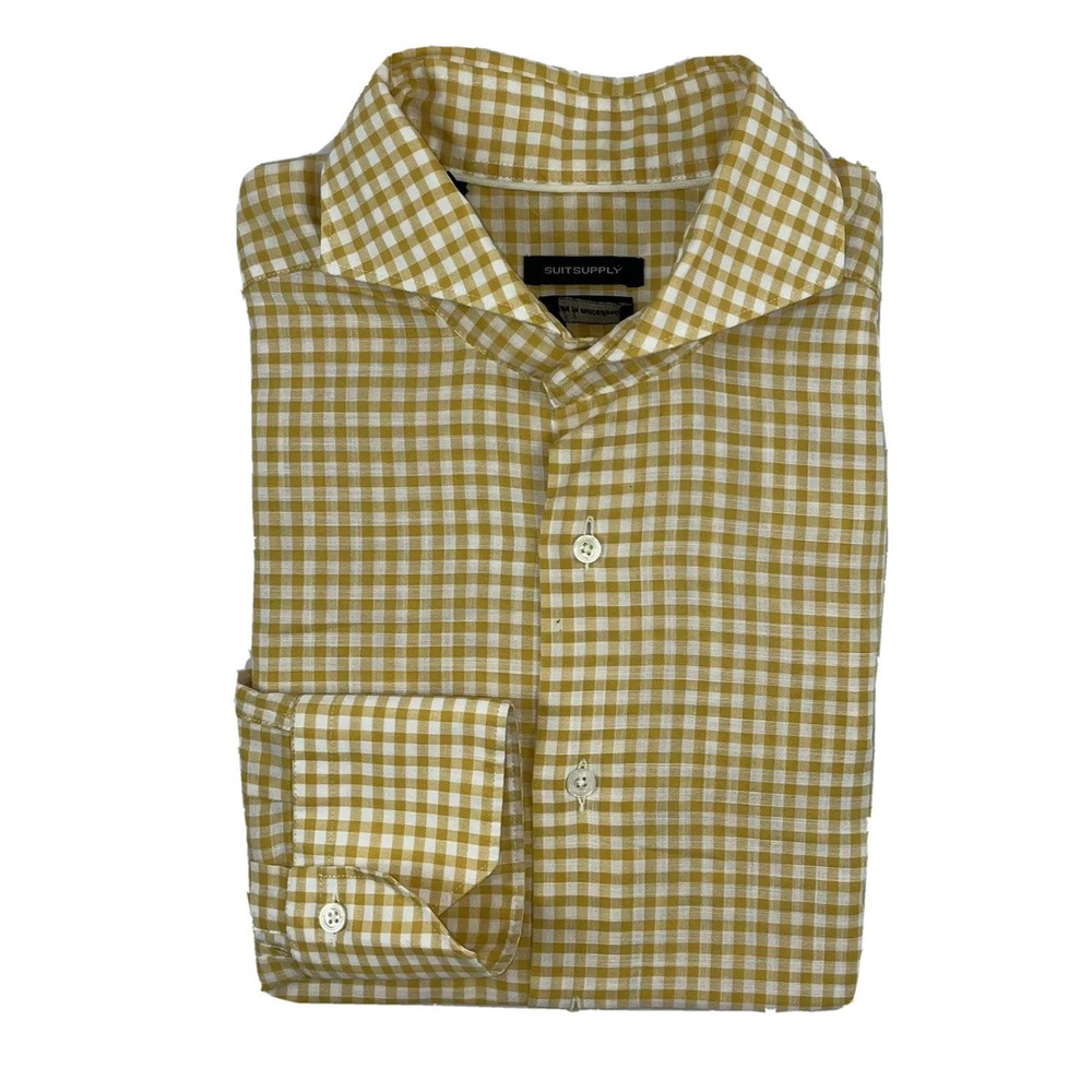 Suitsupply Yellow White Checked Cotton 2 Ply Button Front Shirt Size 15.5 39